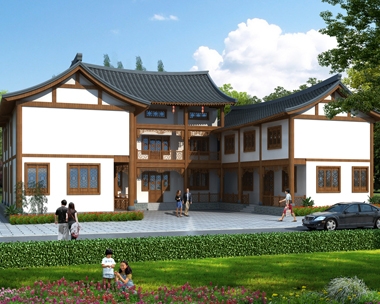 AT1792二層中式三合院兄弟別墅設計全套施工圖紙25.6mX23.6m